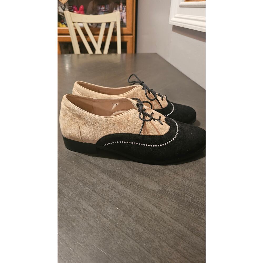 Midnight Velvet Black and Tan rhinestone  Suade flat Oxford tie up shoes sz‎ 11W - Picture 4 of 5
